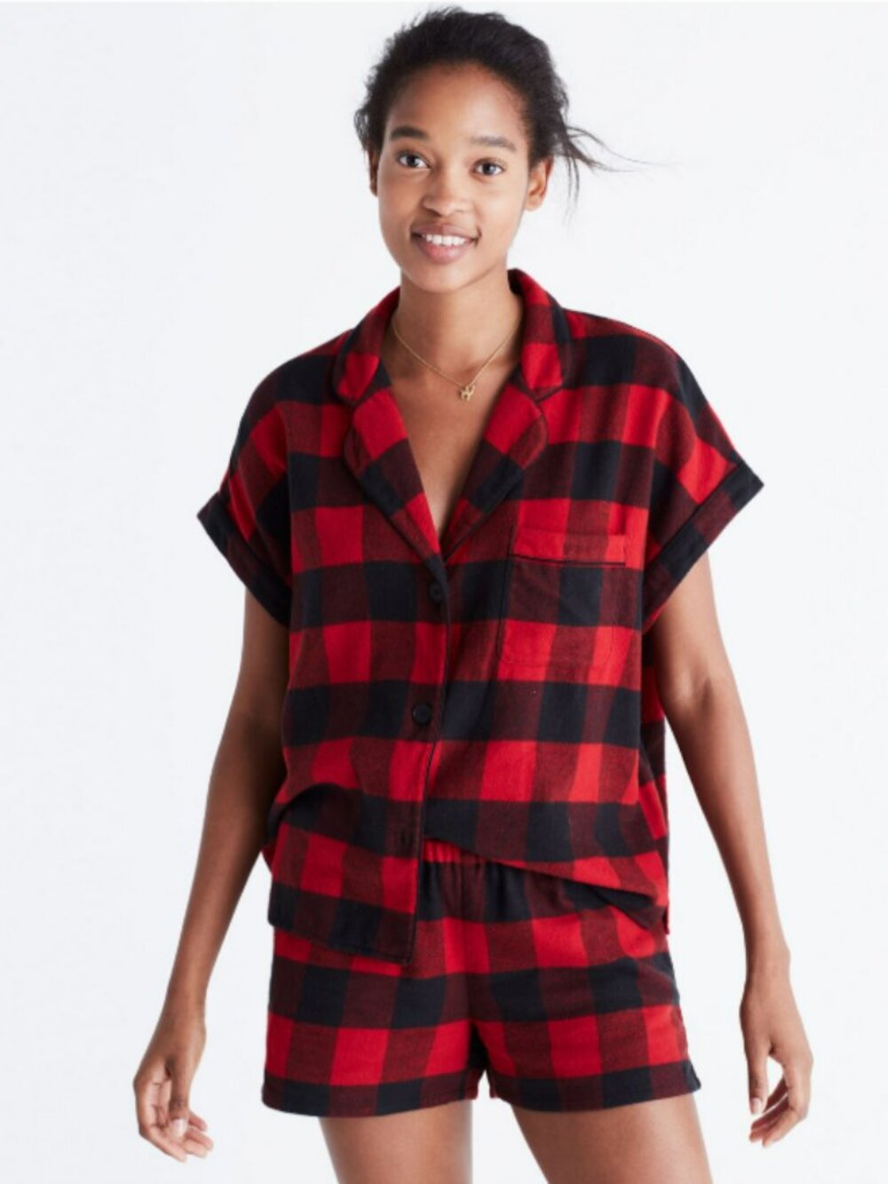Madewell Cozy Buffalo Check Flannel Bedtime Pajama Top/Bottom Set in Red/Black